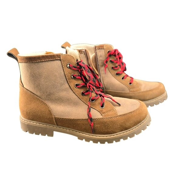 Tan Ridge Womens Lace-Up Ankle Boots Red Laces Side Zippers 7M Faux Suede JJ3906 - Picture 1 of 13